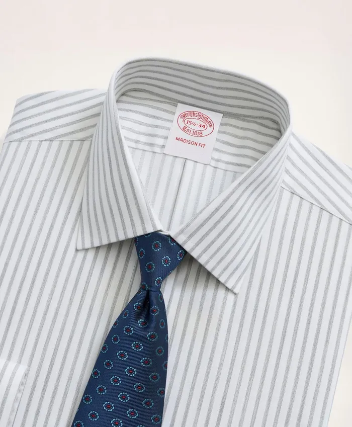 Men Stretch Madison RelaxedFit Dress Shirt NonIron Twill Stripe Ainsley Collar Grey Brooks Brothers Dress Shirts