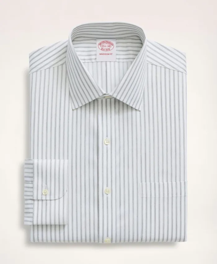 Men Stretch Madison RelaxedFit Dress Shirt NonIron Twill Stripe Ainsley Collar Grey Brooks Brothers Dress Shirts