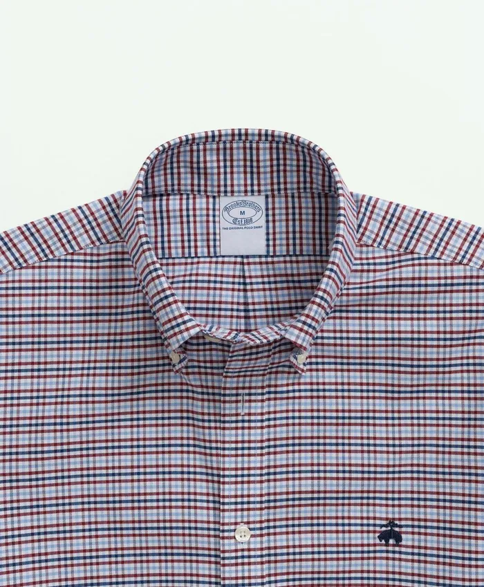 Men Stretch NonIron Oxford ButtonDown Collar Check ShortSleeve Sport Shirt Burgundy Brooks Brothers Sport Shirts