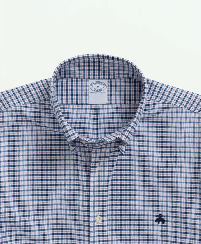 Men Stretch NonIron Oxford ButtonDown Collar MiniCheck ShortSleeve Sport Shirt White Multi Brooks Brothers Sport Shirts