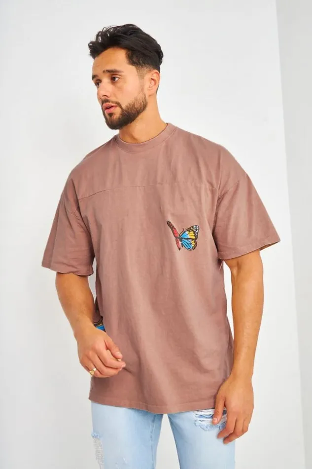 Men TShirt Beige Imprim Papillons Multicolores Pink Brentiny Paris TShirts
