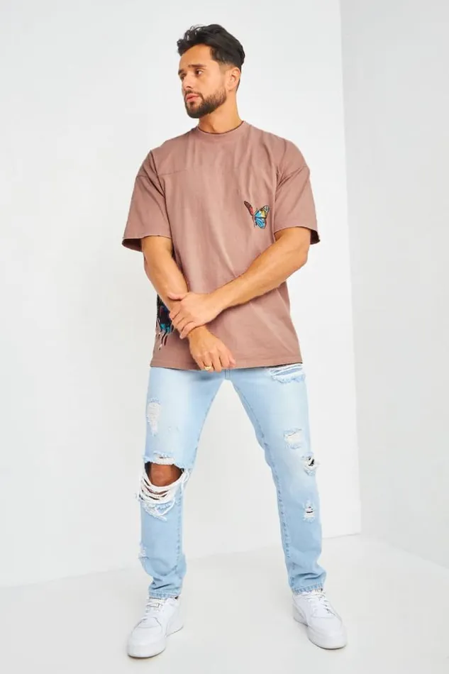 Men TShirt Beige Imprim Papillons Multicolores Pink Brentiny Paris TShirts