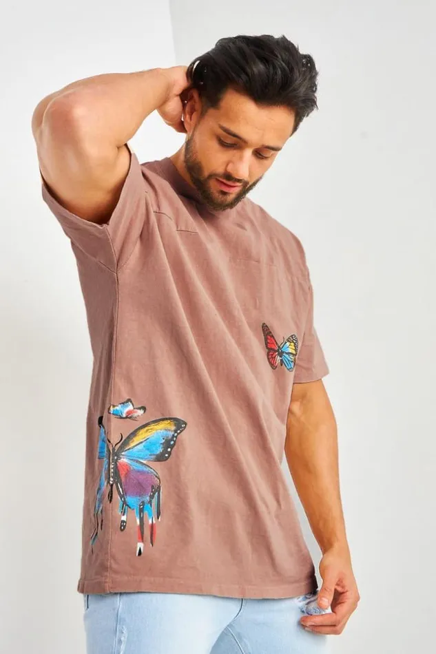 Men TShirt Beige Imprim Papillons Multicolores Pink Brentiny Paris TShirts