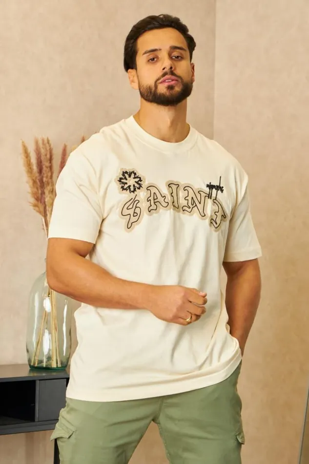 Men TShirt Inscription 034Saint034 En Relief Beige Beige Brentiny Paris TShirts