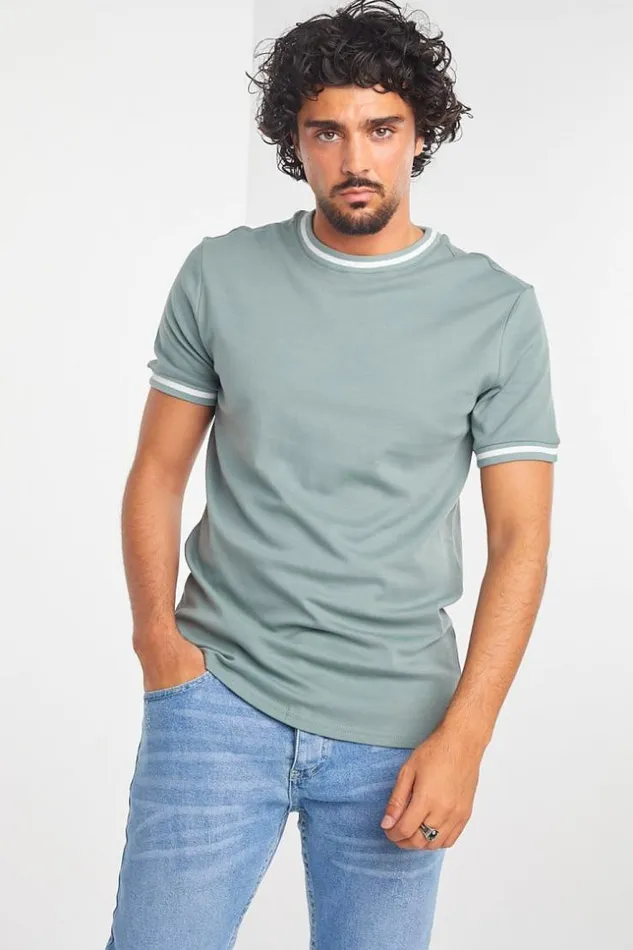 Men TShirt Kaki Col Rond Bandes Blanches Khaki Brentiny Paris TShirts