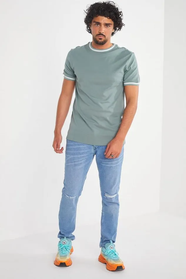 Men TShirt Kaki Col Rond Bandes Blanches Khaki Brentiny Paris TShirts