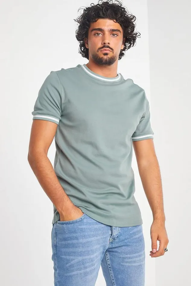 Men TShirt Kaki Col Rond Bandes Blanches Khaki Brentiny Paris TShirts