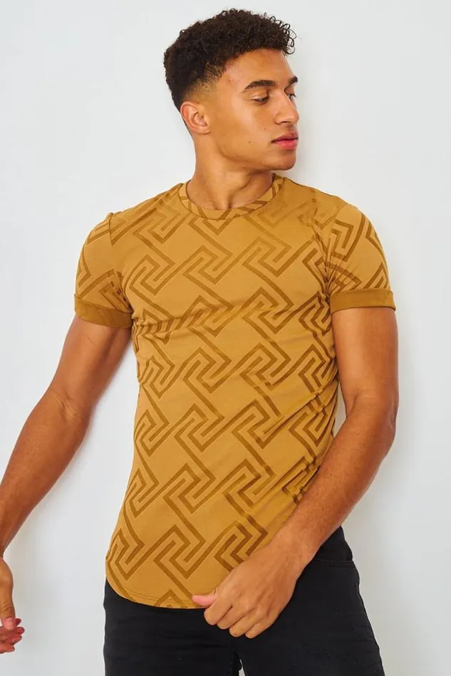 Men TShirt With Greek Print In Camel Camel Brentiny Paris TShirts
