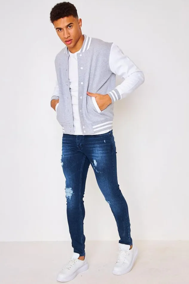 Men Two Tone Fleece Bomber Jacket In White And Grey Grey Brentiny Paris Jackets