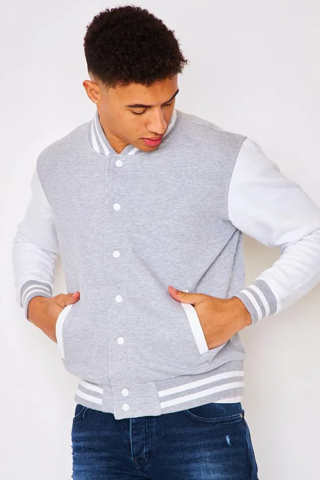 Men Two Tone Fleece Bomber Jacket In White And Grey Grey Brentiny Paris Jackets