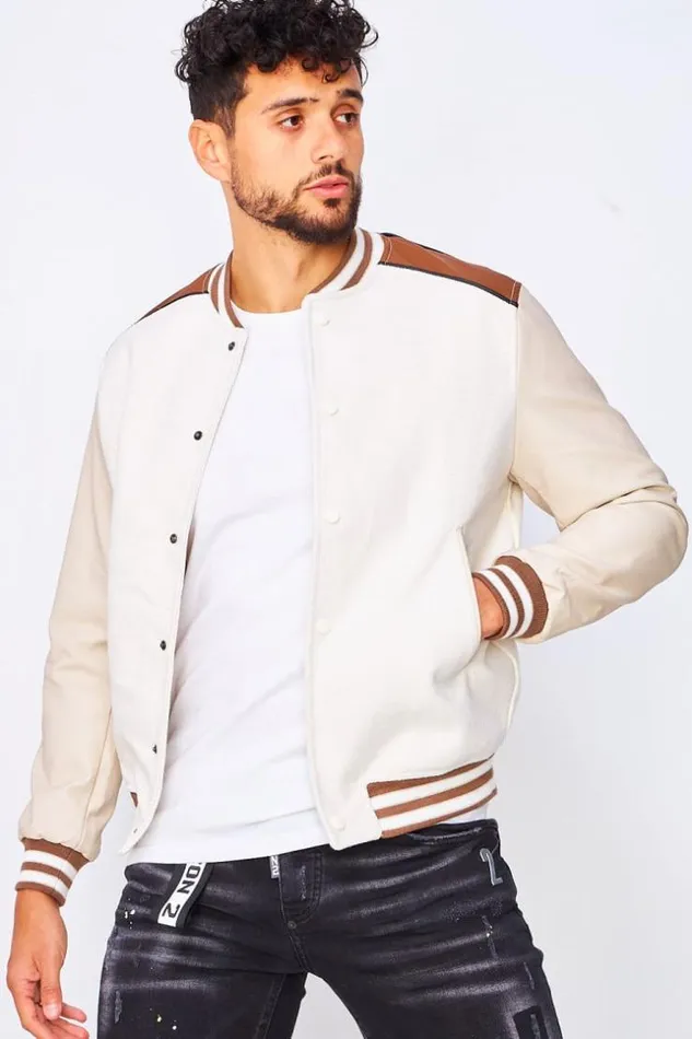 Men Varsity Bomber Jacket With Faux Leather Sleeves In Beige And Brown Beige Brentiny Paris Jackets Men Varsity Bomber Jacket With Faux Leather Sleeves In Beige And Brown Beige Brentiny Paris Jackets