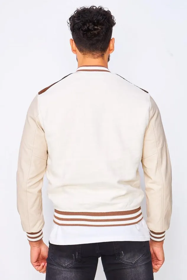 Men Varsity Bomber Jacket With Faux Leather Sleeves In Beige And Brown Beige Brentiny Paris Jackets