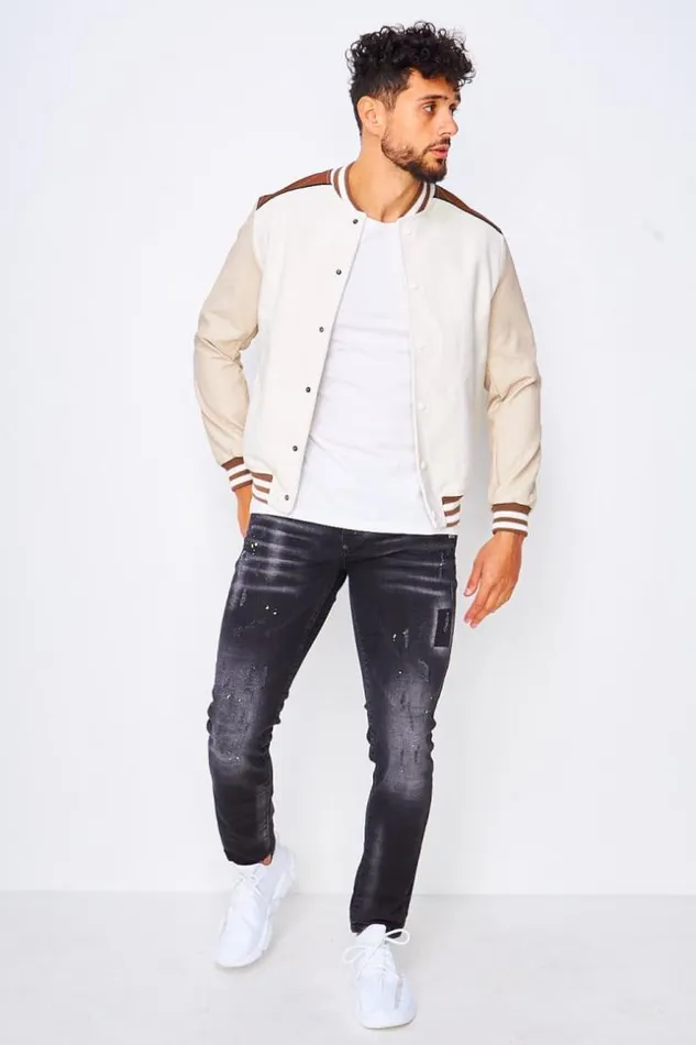 Men Varsity Bomber Jacket With Faux Leather Sleeves In Beige And Brown Beige Brentiny Paris Jackets
