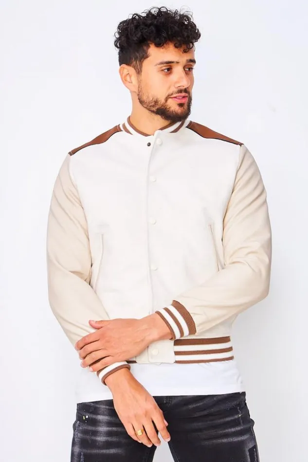 Men Varsity Bomber Jacket With Faux Leather Sleeves In Beige And Brown Beige Brentiny Paris Jackets