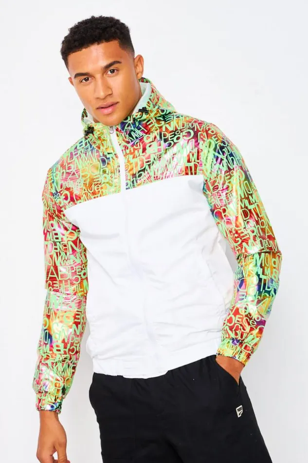 Men White Jacket With Multicoloured Printed Yoke White Brentiny Paris Jackets