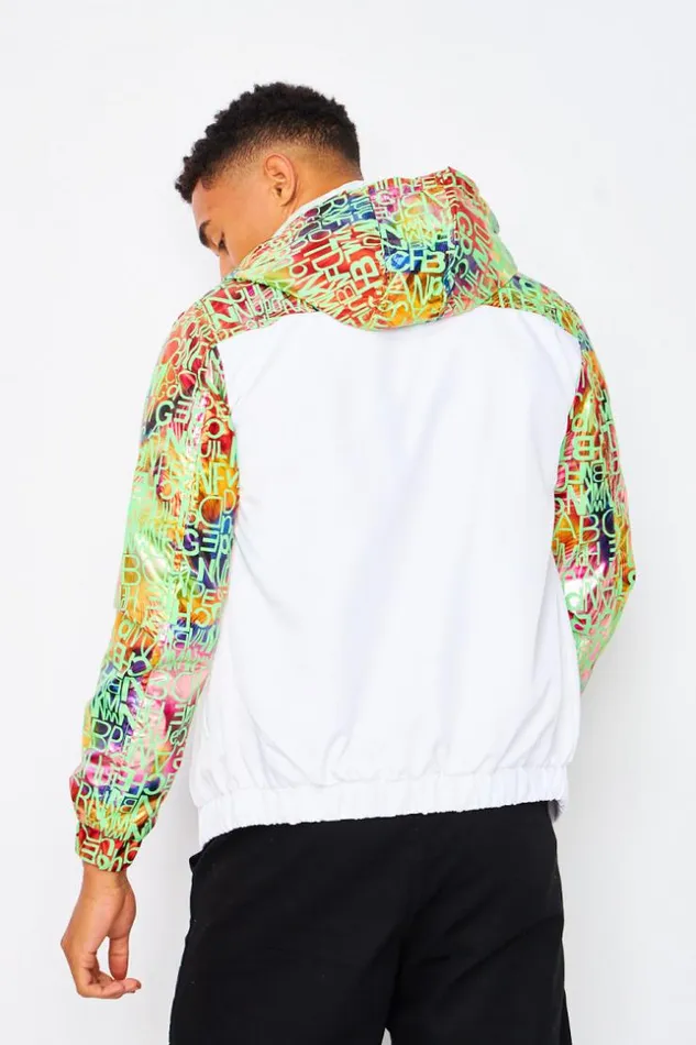 Men White Jacket With Multicoloured Printed Yoke White Brentiny Paris Jackets