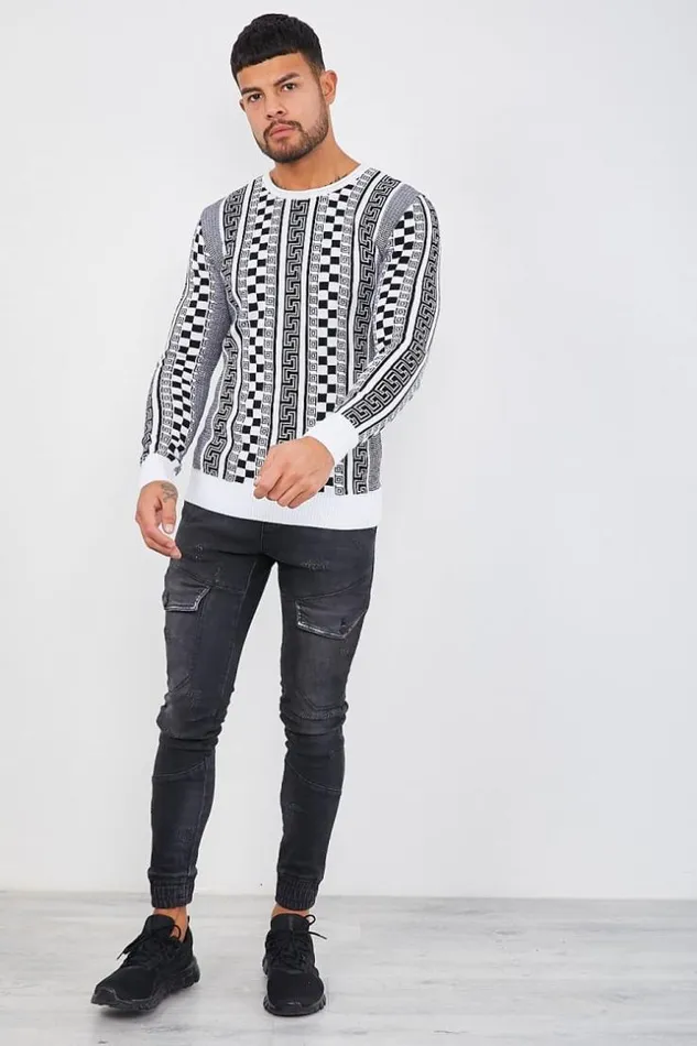 Men White Knit Sweater With Black Patterns White Brentiny Paris Sweatshirts and Pullovers Men White Knit Sweater With Black Patterns White Brentiny Paris Sweatshirts and Pullovers
