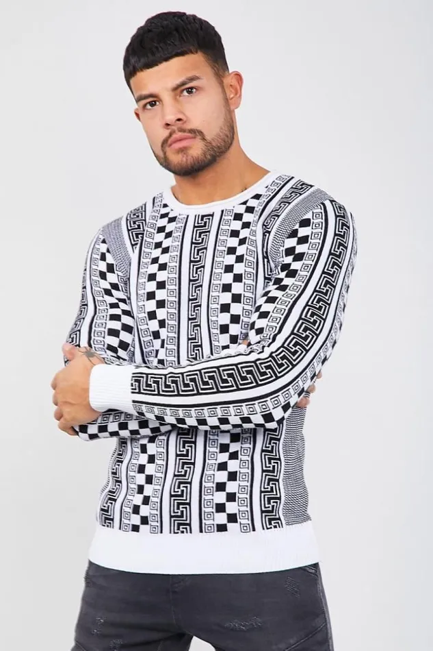Men White Knit Sweater With Black Patterns White Brentiny Paris Sweatshirts and Pullovers