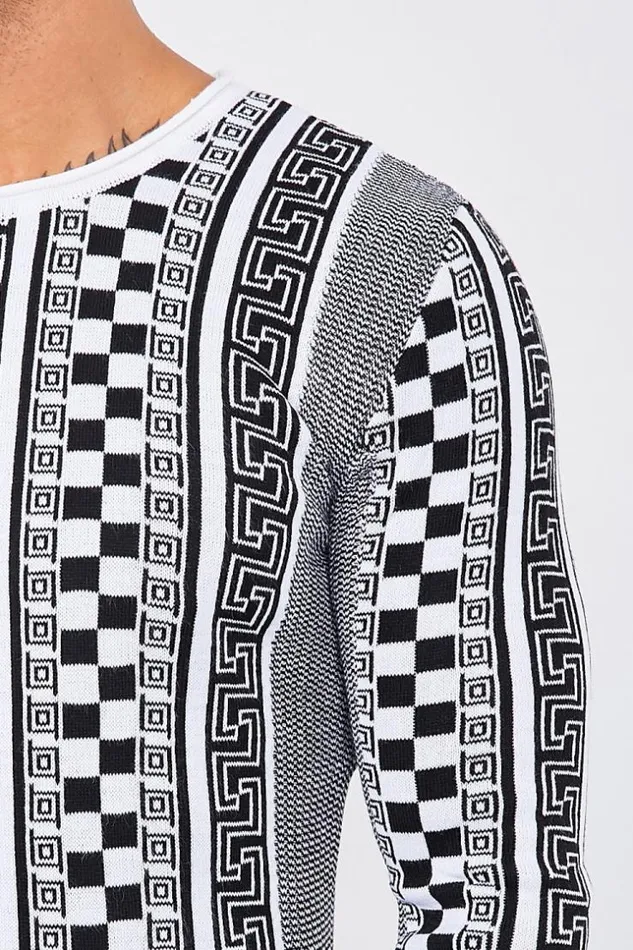 Men White Knit Sweater With Black Patterns White Brentiny Paris Sweatshirts and Pullovers
