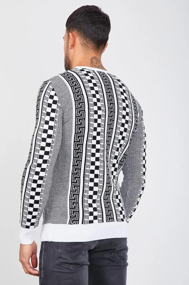 Men White Knit Sweater With Black Patterns White Brentiny Paris Sweatshirts and Pullovers