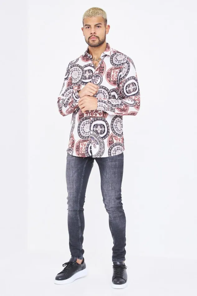 Men White Shirt With OrangePurpleBeige Greek Patterns Brentiny Paris Shirts