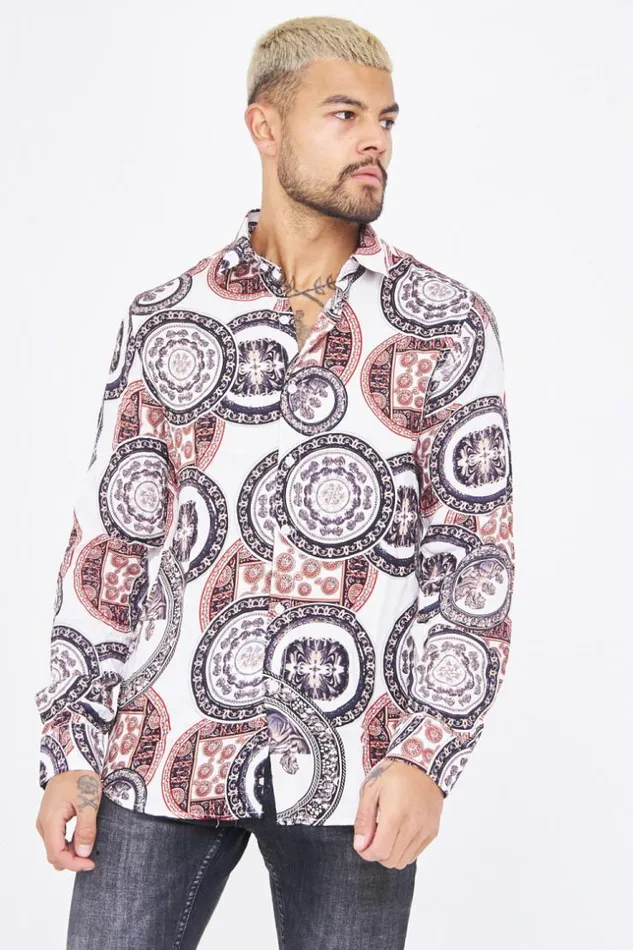 Men White Shirt With OrangePurpleBeige Greek Patterns Brentiny Paris Shirts