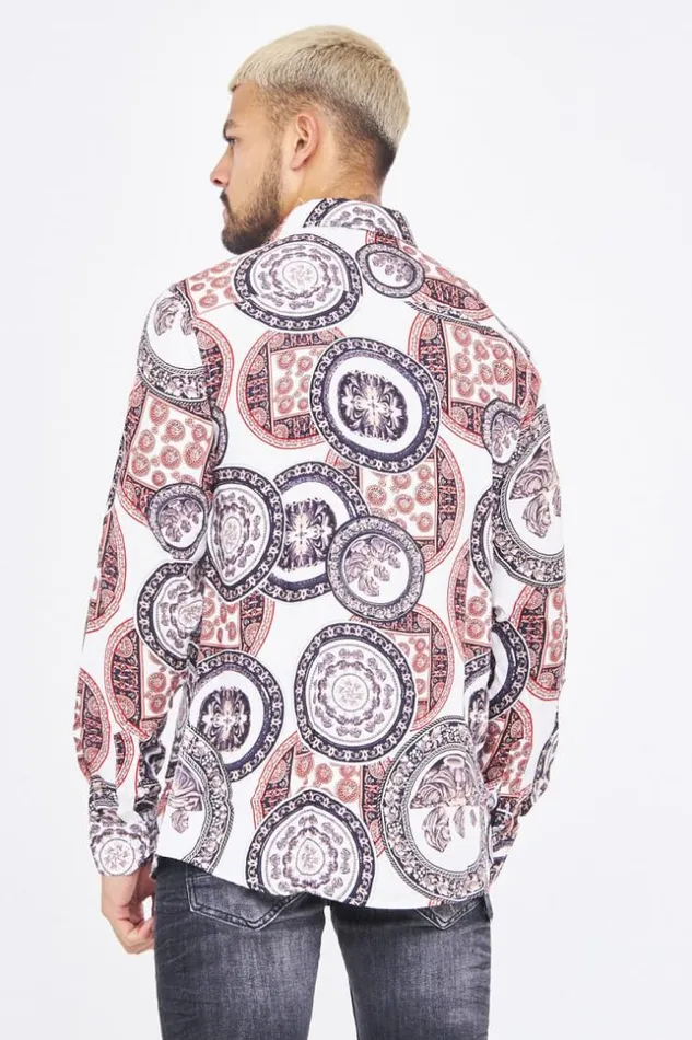 Men White Shirt With OrangePurpleBeige Greek Patterns Brentiny Paris Shirts