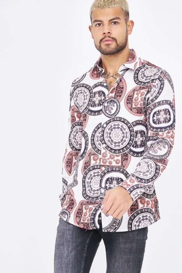 Men White Shirt With OrangePurpleBeige Greek Patterns Brentiny Paris Shirts