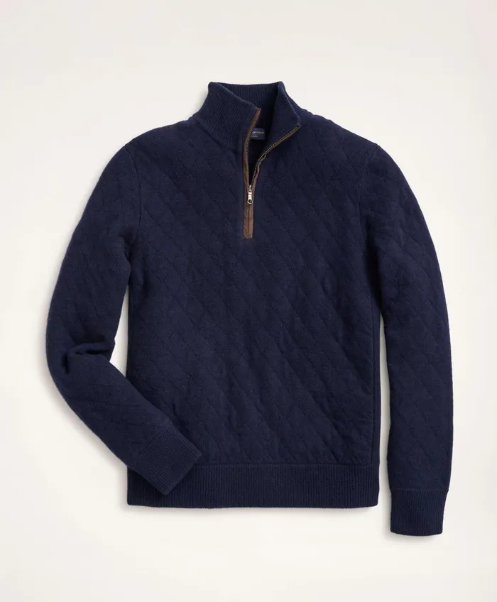 Men Wool Cashmere Quilted HalfZip Navy Brooks Brothers Sweaters