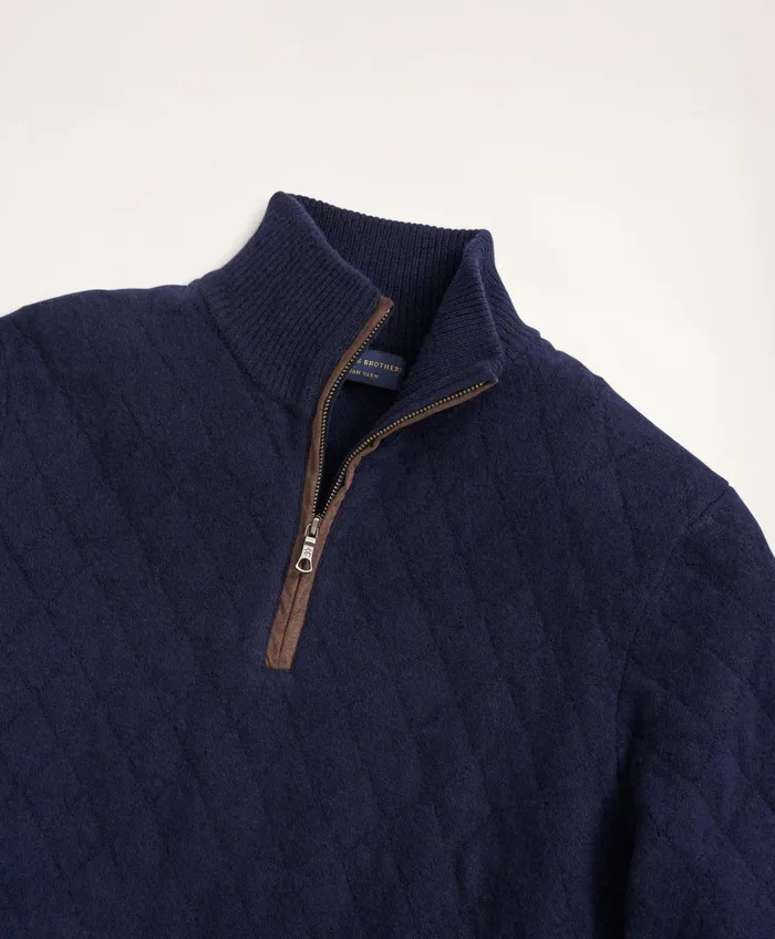 Men Wool Cashmere Quilted HalfZip Navy Brooks Brothers Sweaters