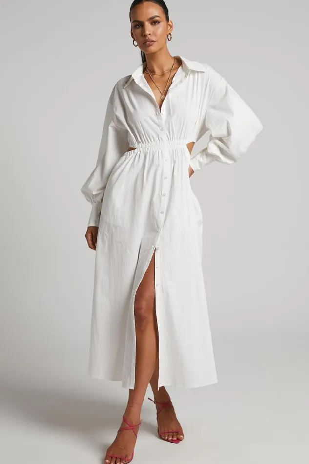 Merabelle Midi Dress 8211 Side Cut Out Collared Long Sleeve Shirt Dress In White Women Showpo Modest Clothing Merabelle Midi Dress 8211 Side Cut Out Collared Long Sleeve Shirt Dress In White Women Showpo Modest Clothing