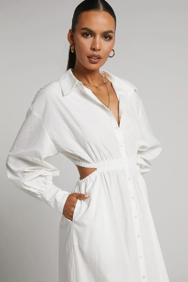 Merabelle Midi Dress 8211 Side Cut Out Collared Long Sleeve Shirt Dress In White Women Showpo Modest Clothing