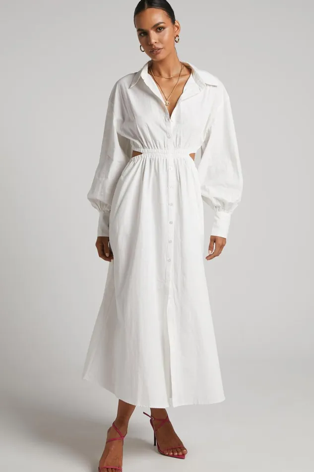 Merabelle Midi Dress 8211 Side Cut Out Collared Long Sleeve Shirt Dress In White Women Showpo Modest Clothing