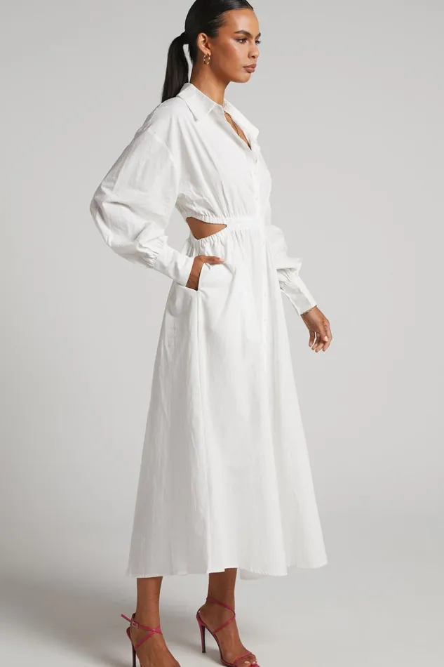 Merabelle Midi Dress 8211 Side Cut Out Collared Long Sleeve Shirt Dress In White Women Showpo Modest Clothing