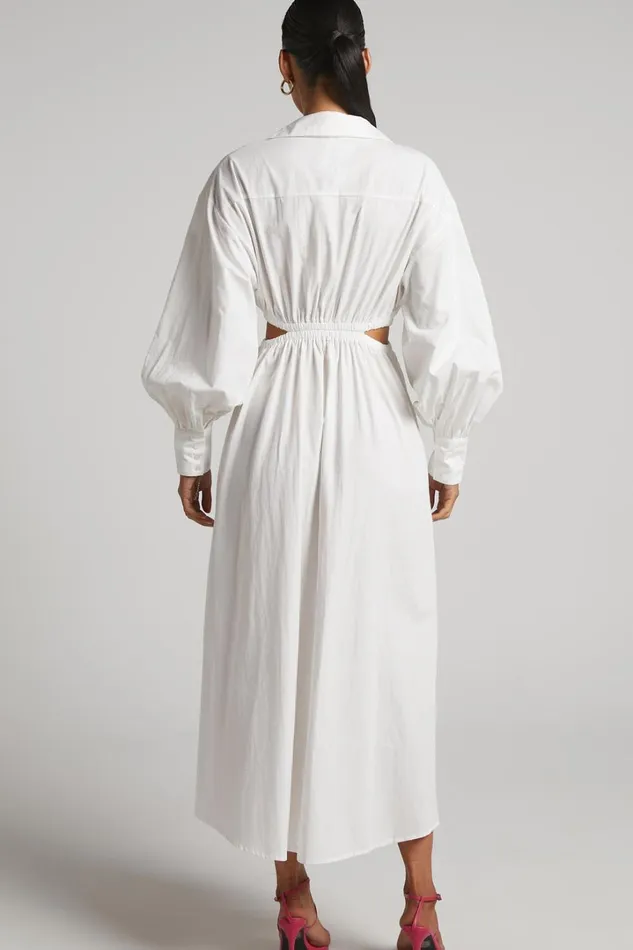 Merabelle Midi Dress 8211 Side Cut Out Collared Long Sleeve Shirt Dress In White Women Showpo Modest Clothing