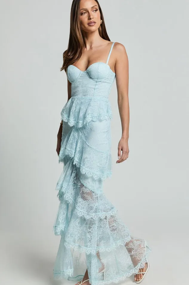 Merrick Maxi Dress 8211 Sweetheart Corset Front Tiered Maxi Dress In Ice Blue Women Showpo Dresses