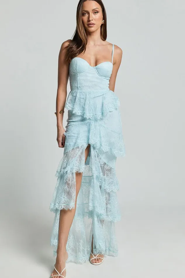 Merrick Maxi Dress 8211 Sweetheart Corset Front Tiered Maxi Dress In Ice Blue Women Showpo Dresses