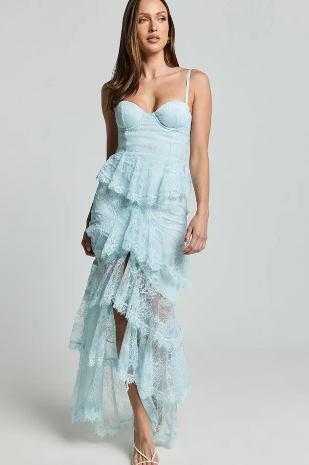 Merrick Maxi Dress 8211 Sweetheart Corset Front Tiered Maxi Dress In Ice Blue Women Showpo Dresses