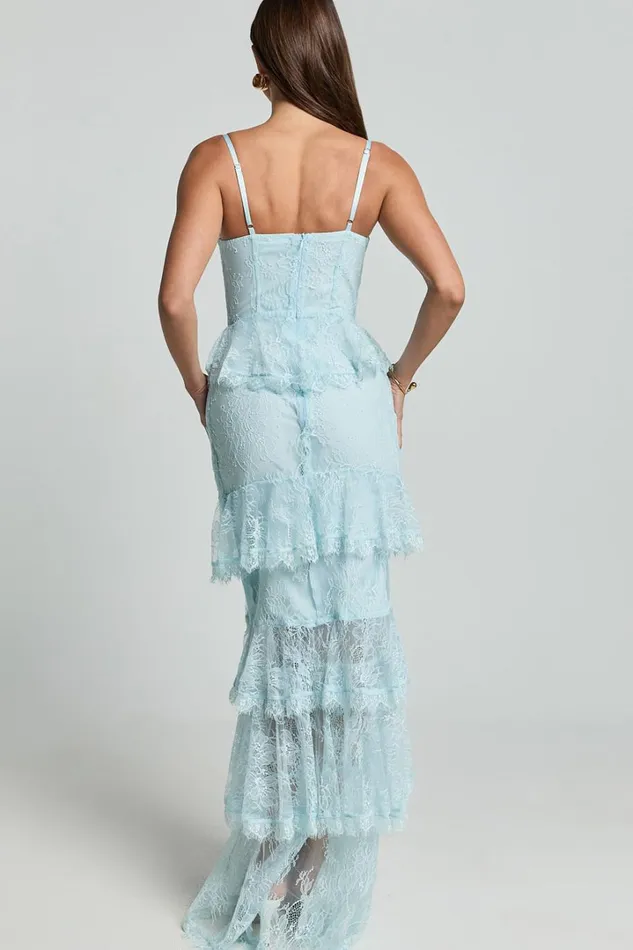 Merrick Maxi Dress 8211 Sweetheart Corset Front Tiered Maxi Dress In Ice Blue Women Showpo Dresses