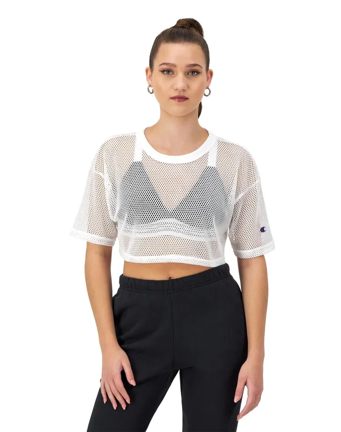 Mesh Shirt Cropped C Logo White Women Champion TShirts and Tops