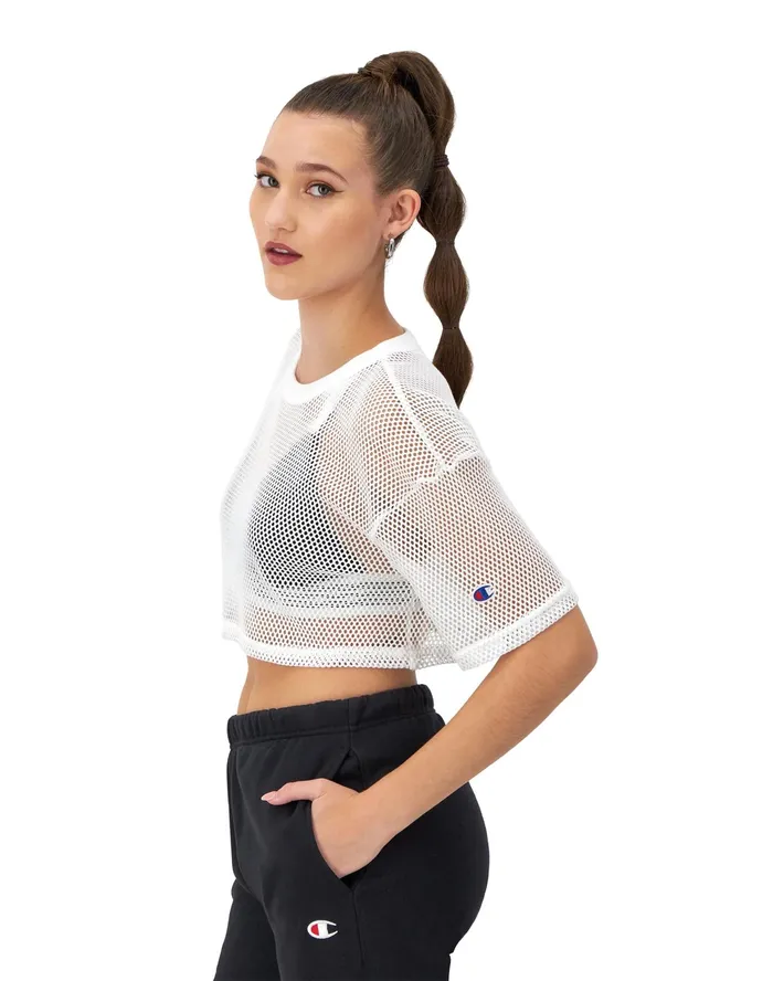 Mesh Shirt Cropped C Logo White Women Champion TShirts and Tops