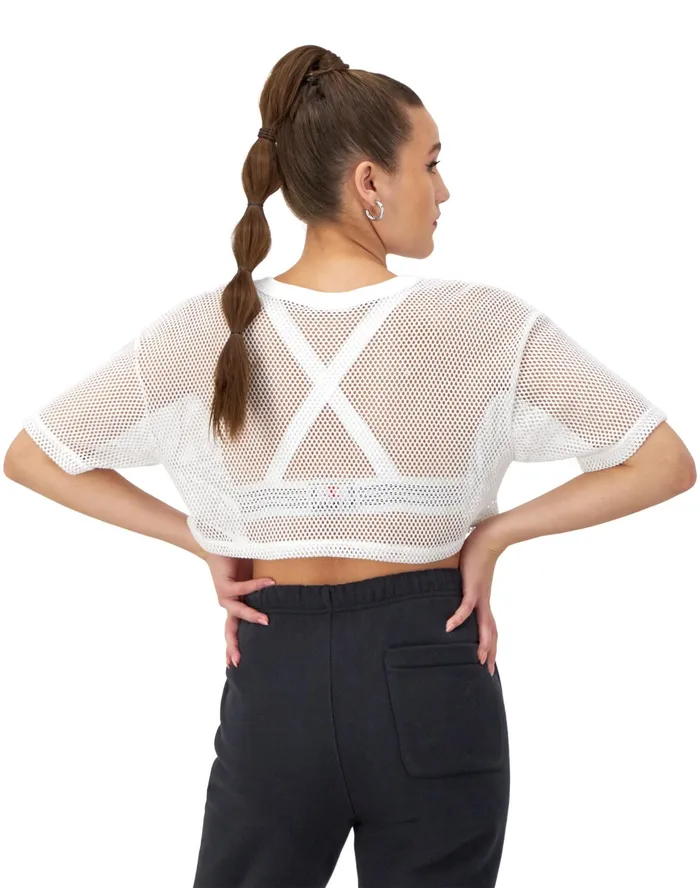 Mesh Shirt Cropped C Logo White Women Champion TShirts and Tops