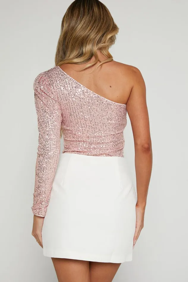 Mikah Bodysuit 8211 One Shoulder Long Sleeve Sequin Bodysuit In Light Pink Women Showpo Tops