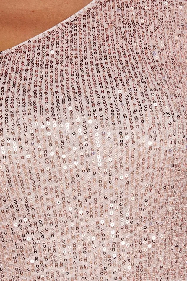 Mikah Bodysuit 8211 One Shoulder Long Sleeve Sequin Bodysuit In Light Pink Women Showpo Tops
