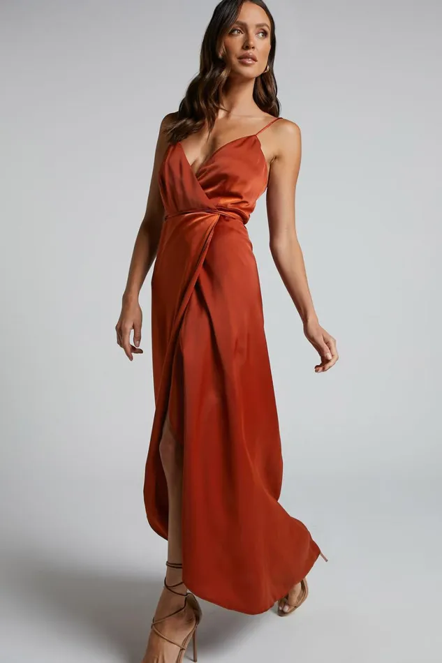 Mine Would Be You Midi Dress 8211 Wrap Dress In Copper Satin Women Showpo Curve Clothes