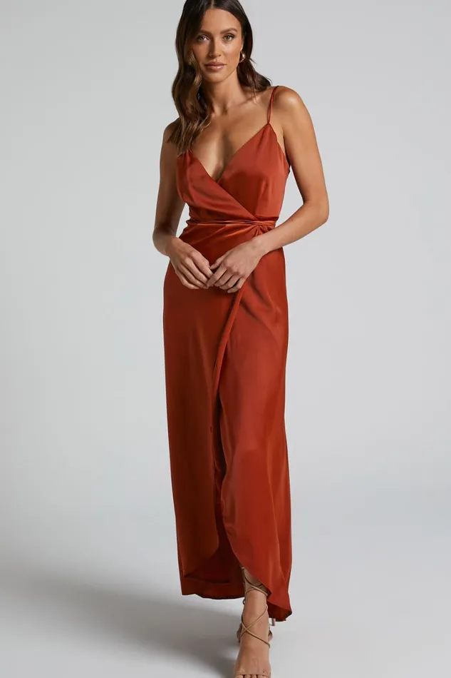 Mine Would Be You Midi Dress 8211 Wrap Dress In Copper Satin Women Showpo Curve Clothes