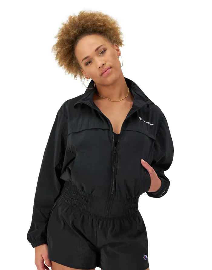 Mock Neck ZipUp Wind Breaker Jacket C Logo Black Women Champion Jackets