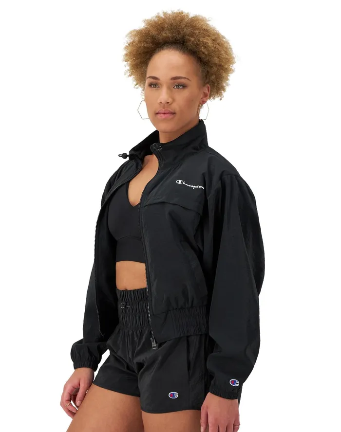 Mock Neck ZipUp Wind Breaker Jacket C Logo Black Women Champion Jackets