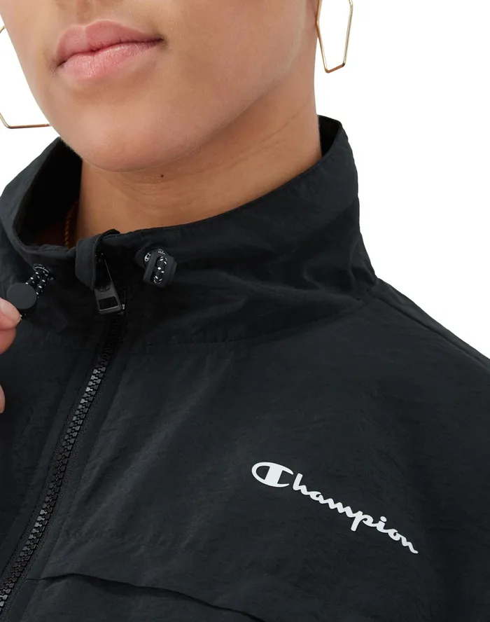 Mock Neck ZipUp Wind Breaker Jacket C Logo Black Women Champion Jackets