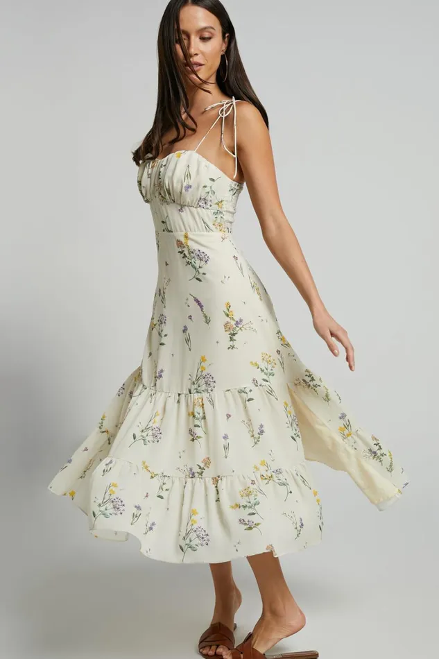 Monaco Midi Dress 8211 Strappy Sweetheart Tiered Dress In Botanical Floral Women Showpo Curve Clothes